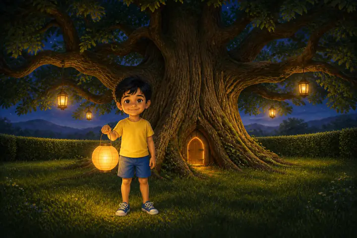 A boy holds a paper lantern under a great oak at night.