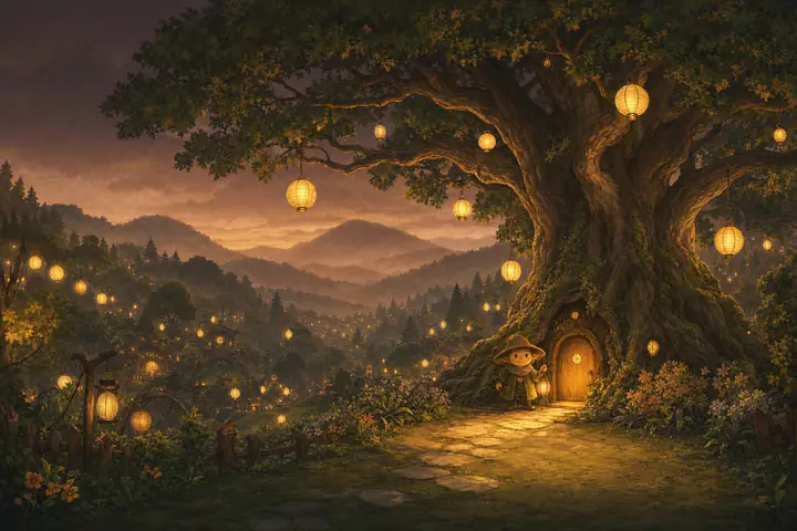 A painted oak tree at dusk with paper lanterns in its branches and a lit door between its roots.